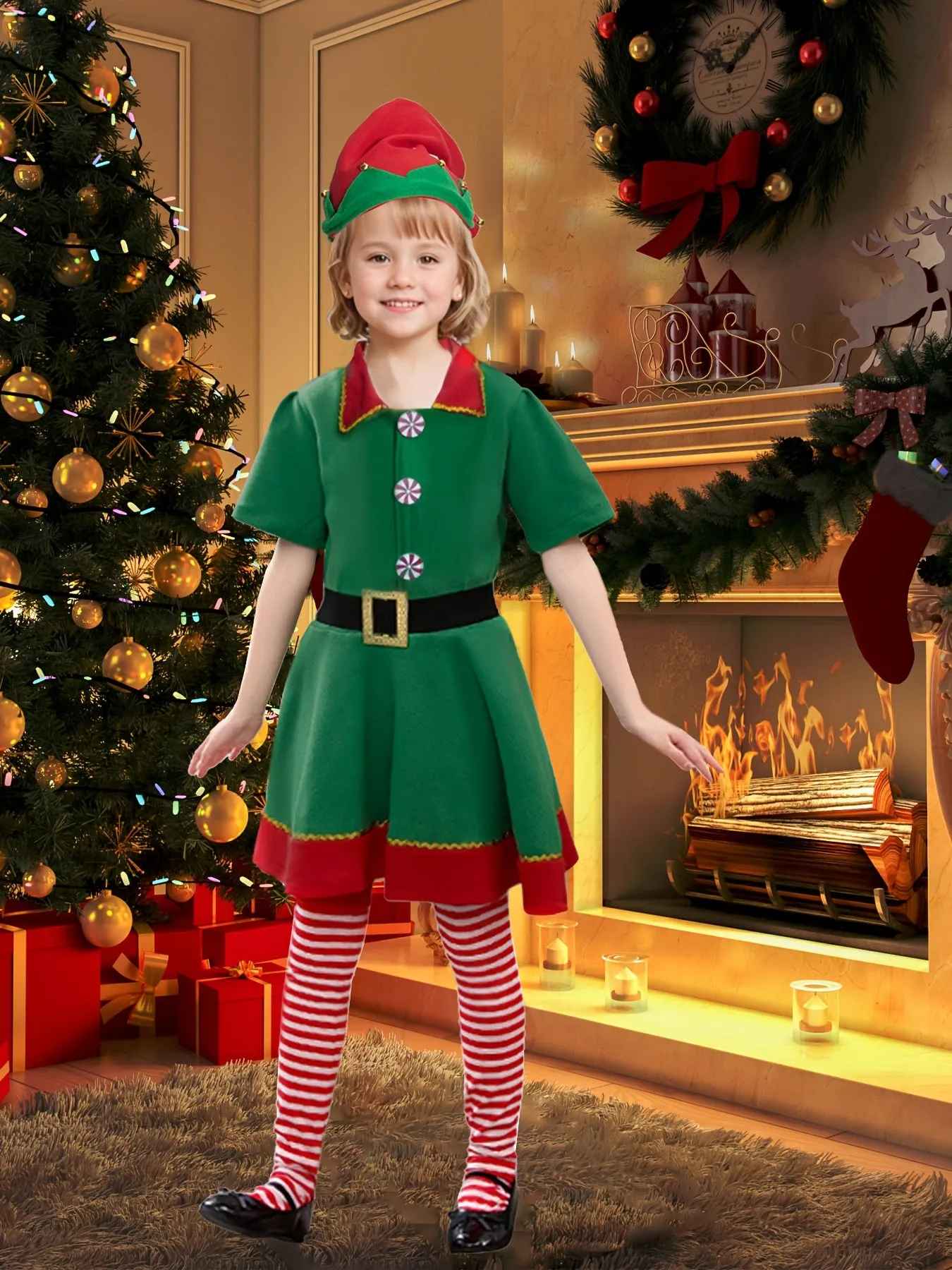 4pcs Girls Christmas Flannel Lapel Dress   Hat   Long Socks   Belt, Christmas Dress Up Outfit, Joy Festival Celebration Clothes