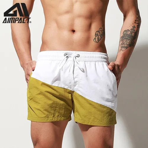 Aimpact Fast Dry Mens Board Shorts with Lining Sexy Patchwork Drawstring Surf Swim Trunks Beachwear Sport Running Hybrid Shorts