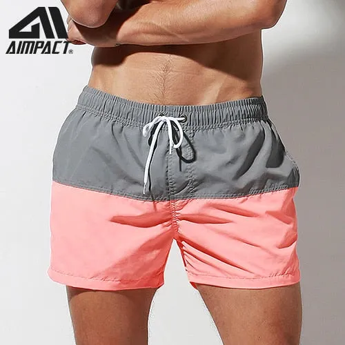 Aimpact Fast Dry Mens Board Shorts with Lining Sexy Patchwork Drawstring Surf Swim Trunks Beachwear Sport Running Hybrid Shorts