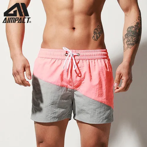 Aimpact Fast Dry Mens Board Shorts with Lining Sexy Patchwork Drawstring Surf Swim Trunks Beachwear Sport Running Hybrid Shorts