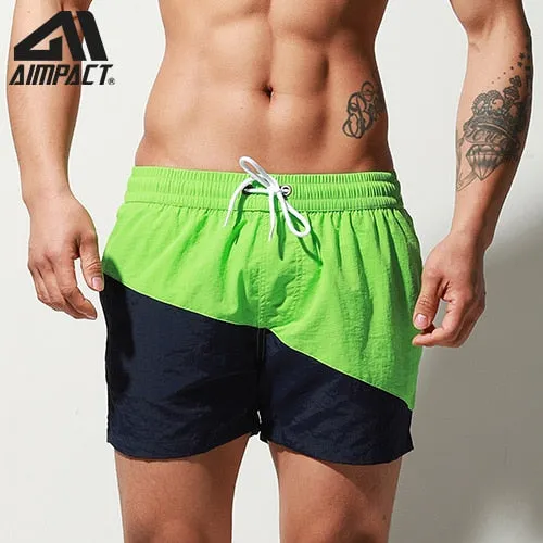 Aimpact Fast Dry Mens Board Shorts with Lining Sexy Patchwork Drawstring Surf Swim Trunks Beachwear Sport Running Hybrid Shorts
