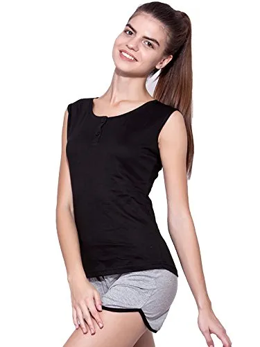 Ap'pulse Women's Sleeveless Henley Tshirt Black