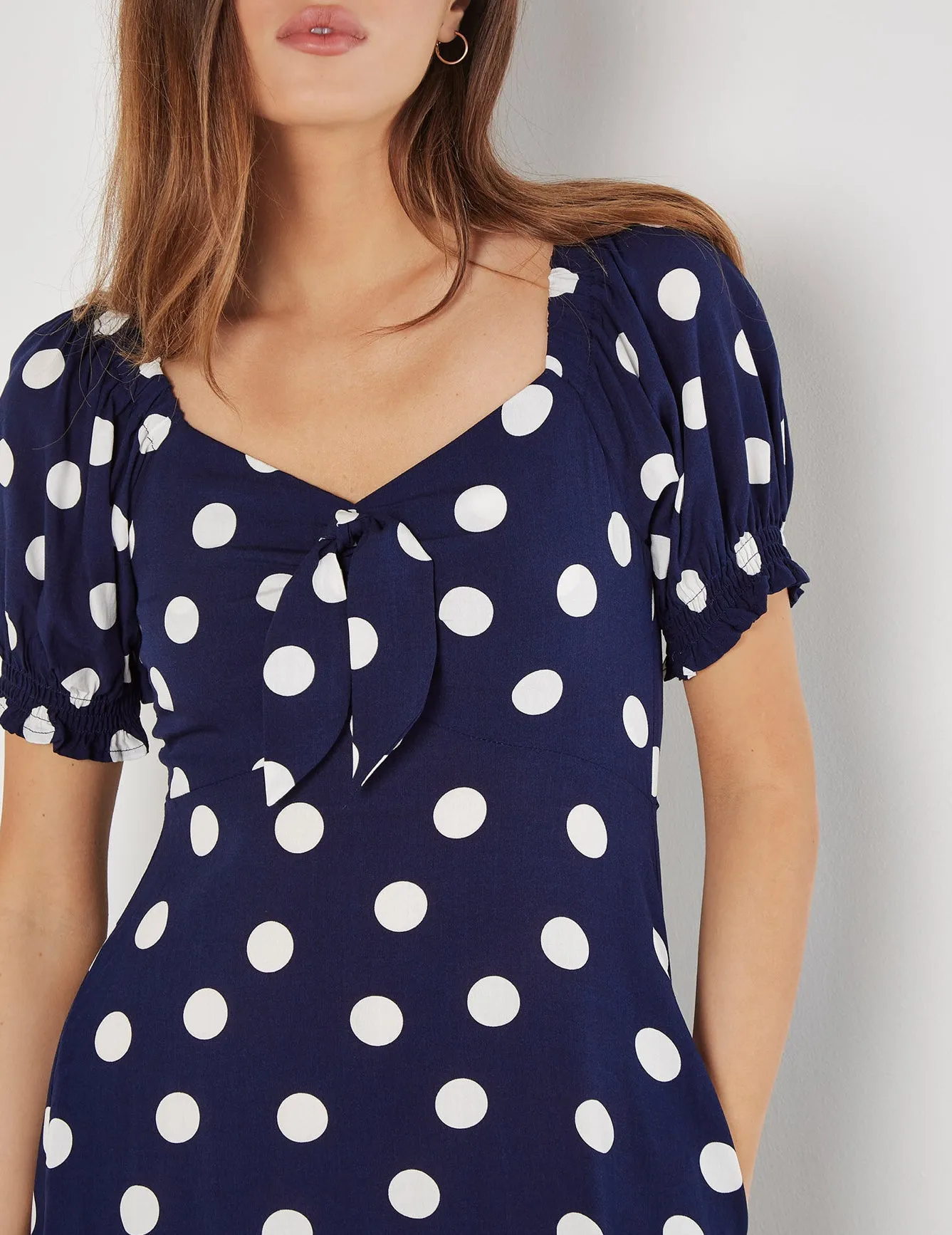 Apricot Polka Dot Bow Detail Midi Dres