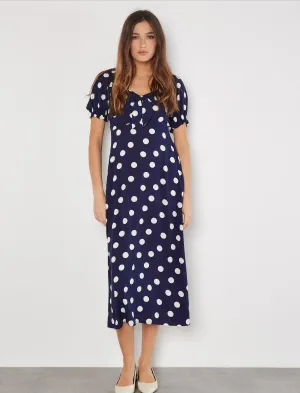 Apricot Polka Dot Bow Detail Midi Dres
