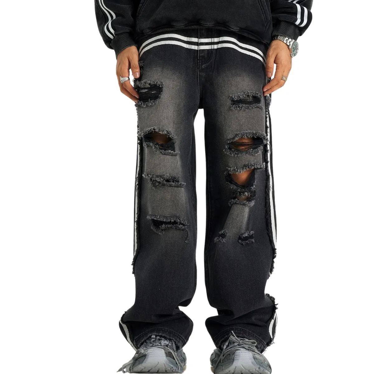 Arc Stripe Washed Ripped Jeans
