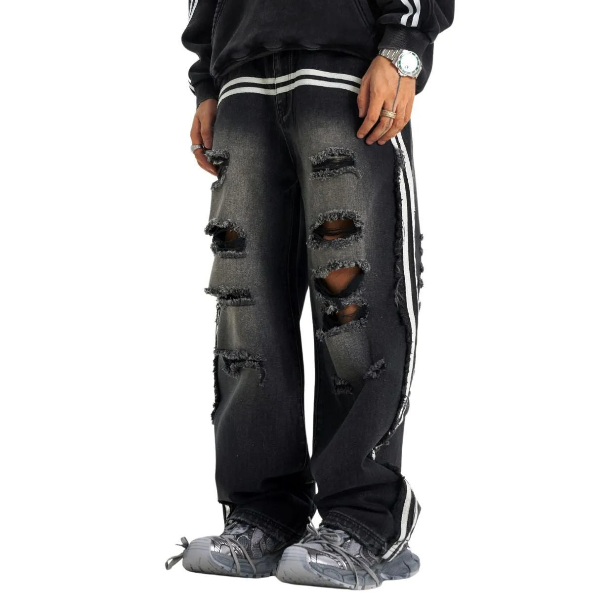 Arc Stripe Washed Ripped Jeans