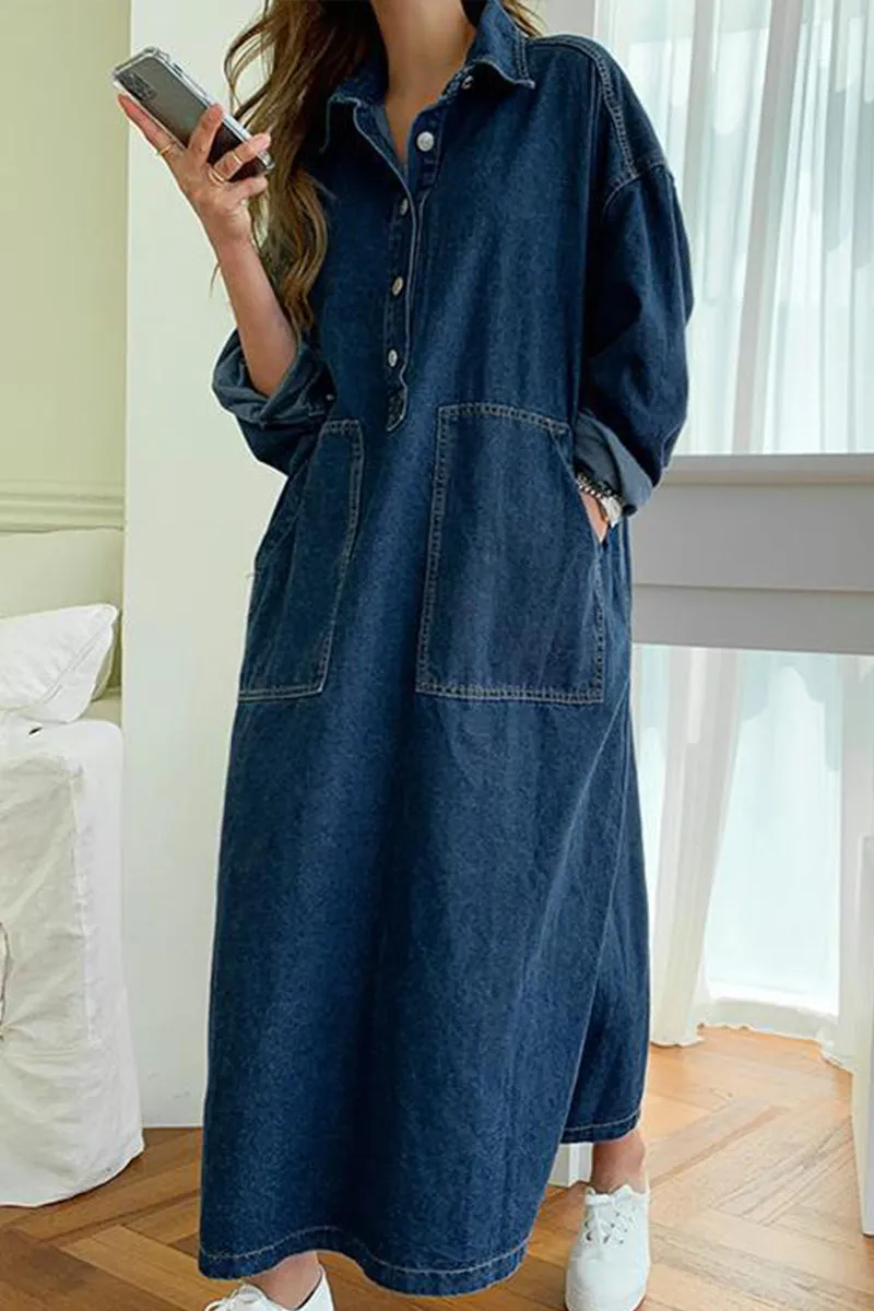 BI0133 Loose Fit Denim Long Dress