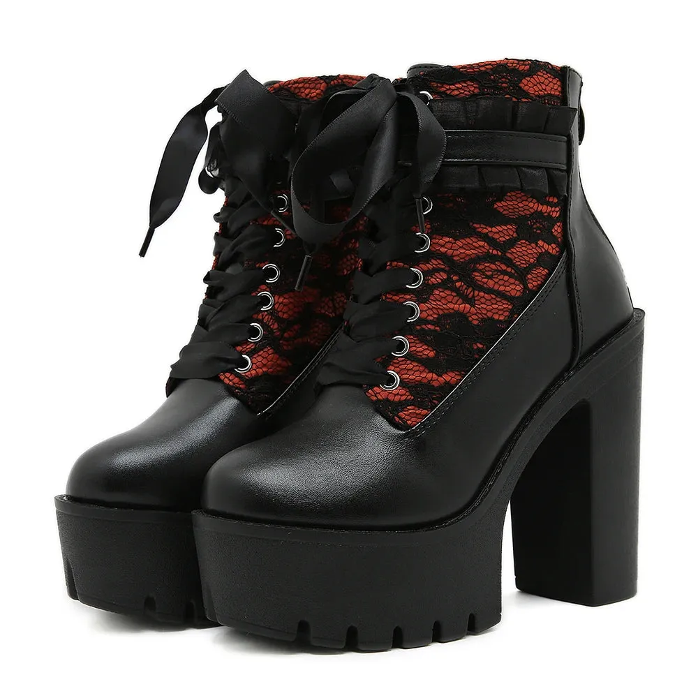 Black Gothic Lace Patchwork High Heel Ankle Boots