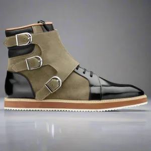 Black Italian Leather Triple Monkstrap  Boots Sneakers Shoes - Boots - Monk Shoes