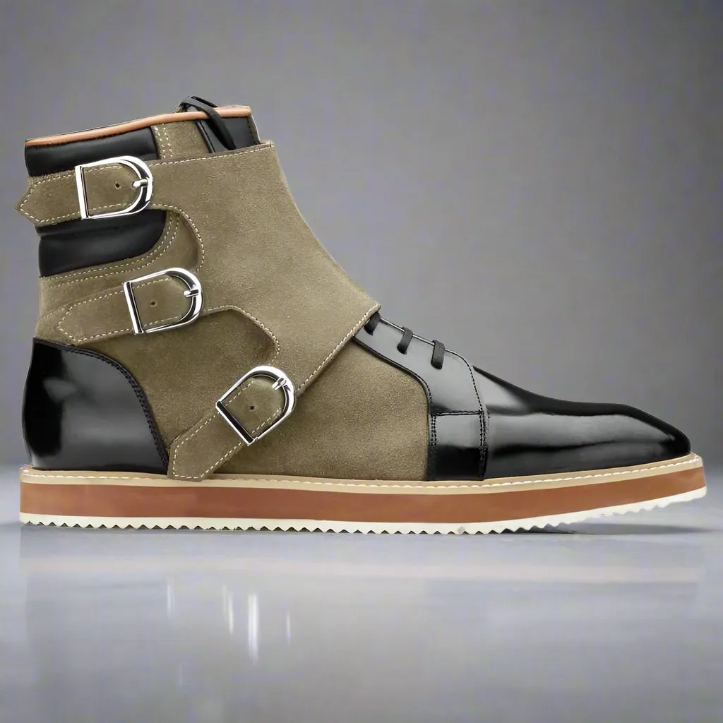 Black Italian Leather Triple Monkstrap  Boots Sneakers Shoes - Boots - Monk Shoes