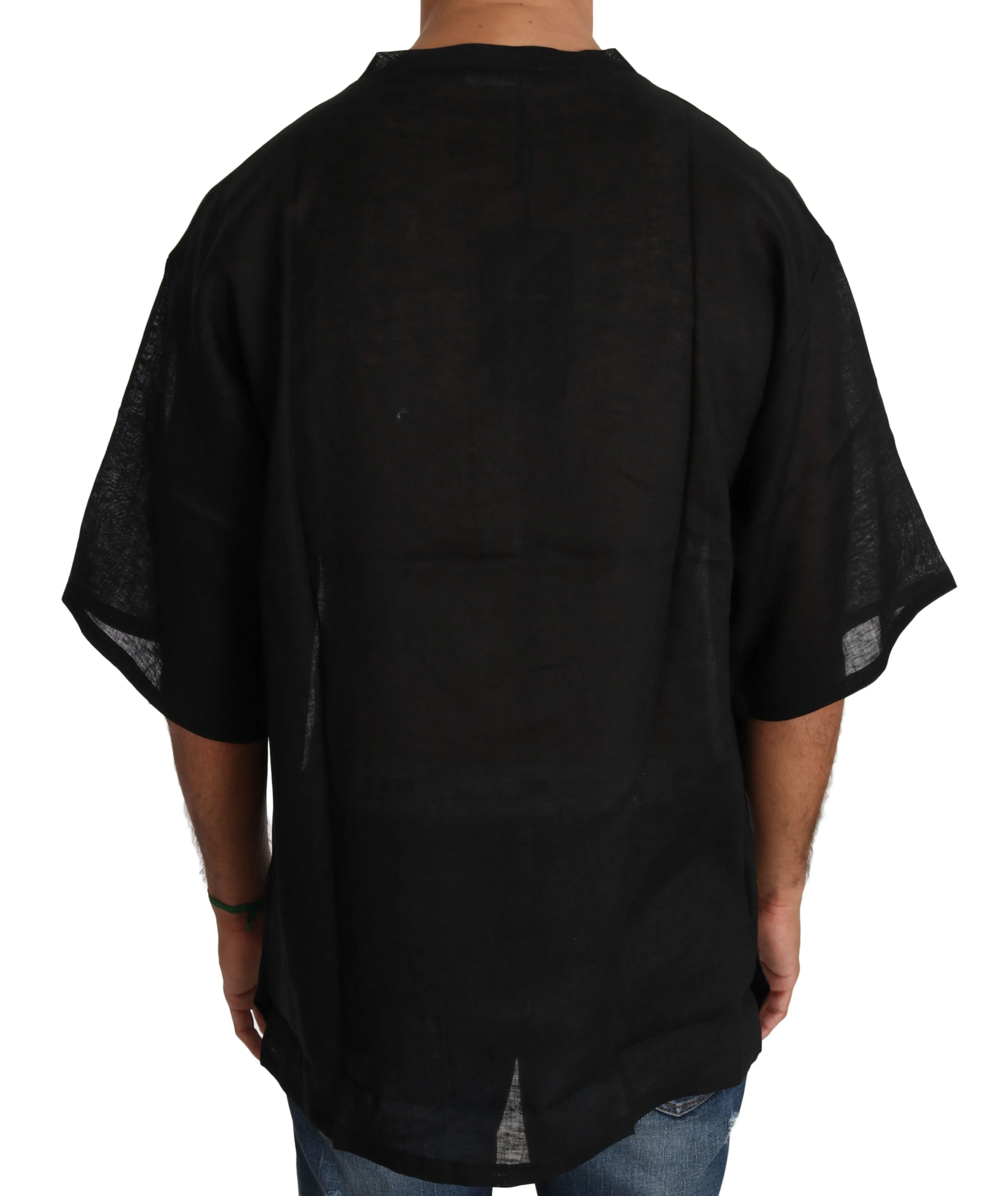 Black Linen Henley Crown Top T-shirt