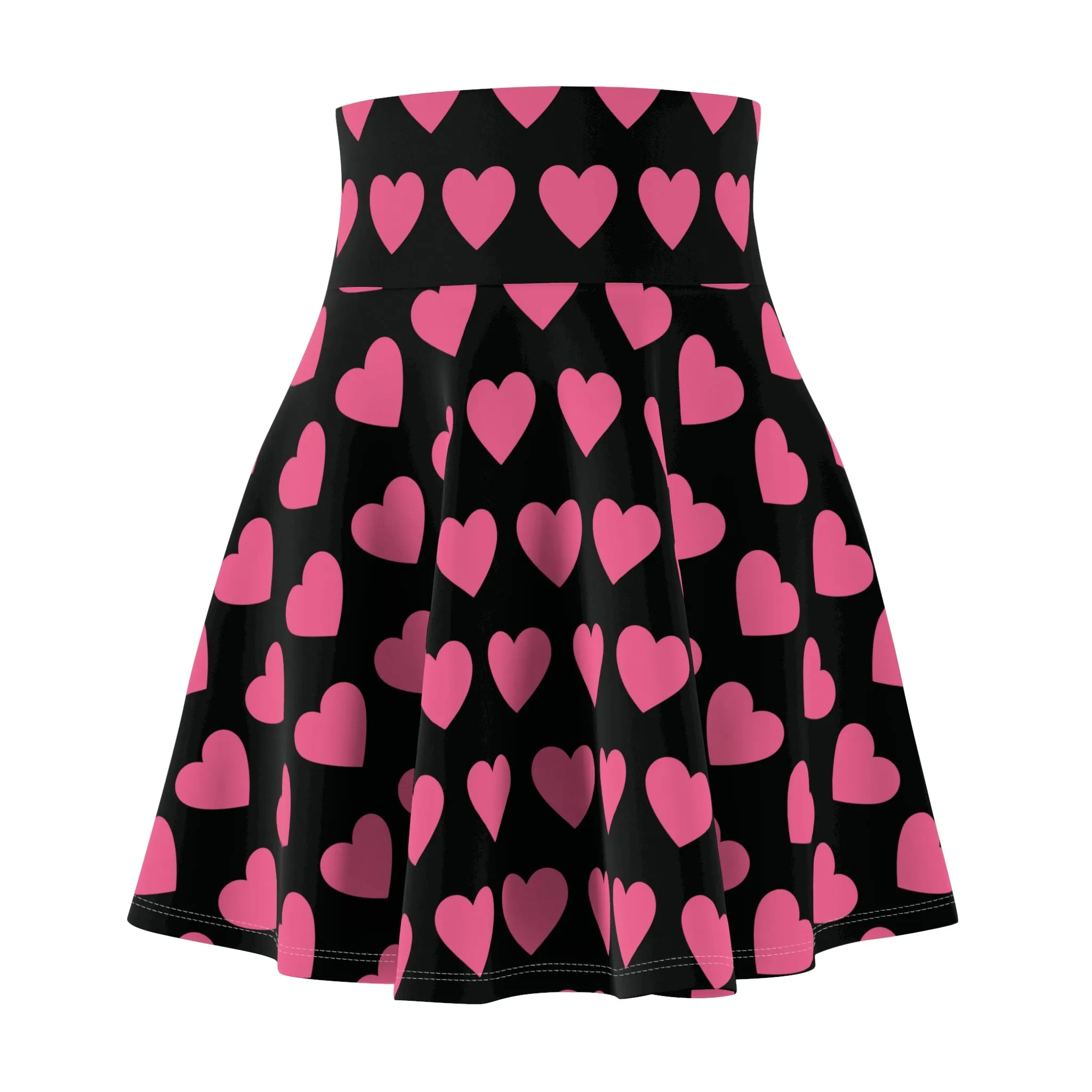 Black Pink Heart Black Womens Flare Skater Skirt - Saiko Studio