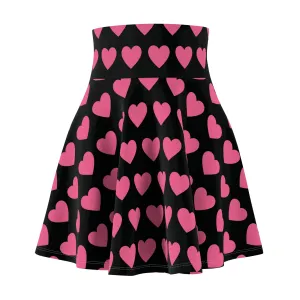 Black Pink Heart Black Womens Flare Skater Skirt - Saiko Studio