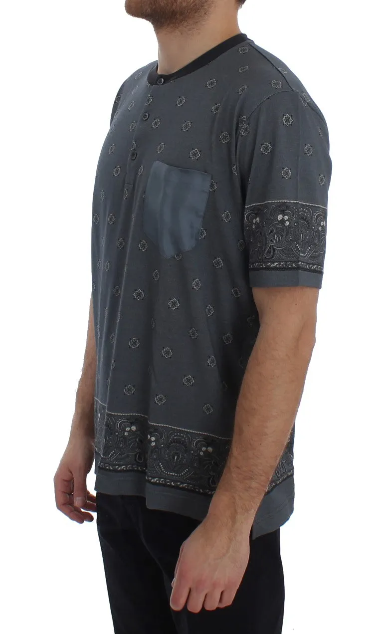 Blue Cotton Silk Baroque Henley T-shirt
