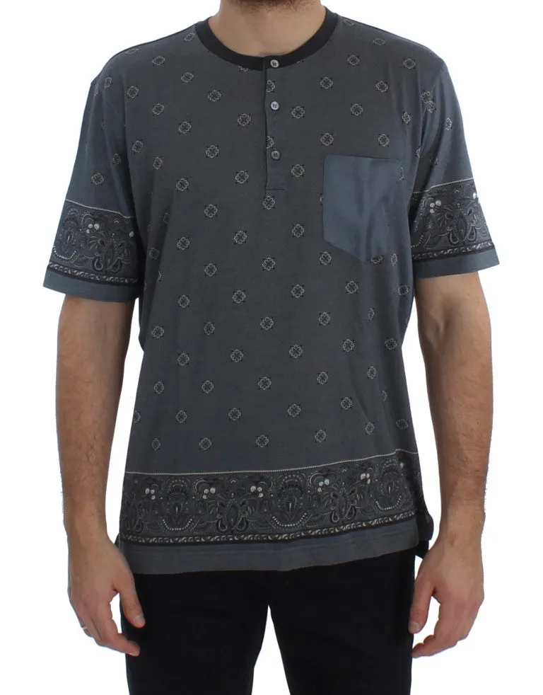 Blue Cotton Silk Baroque Henley T-shirt