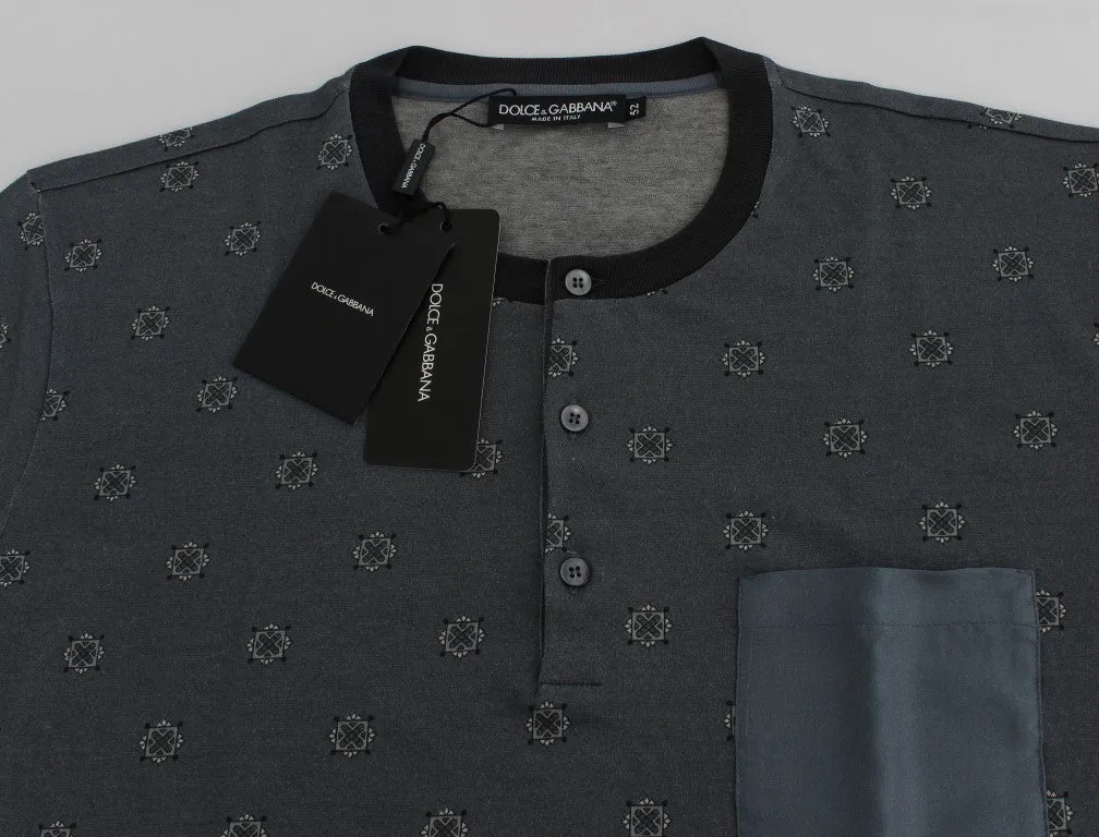 Blue Cotton Silk Baroque Henley T-shirt