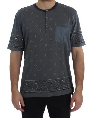 Blue Cotton Silk Baroque Henley T-shirt