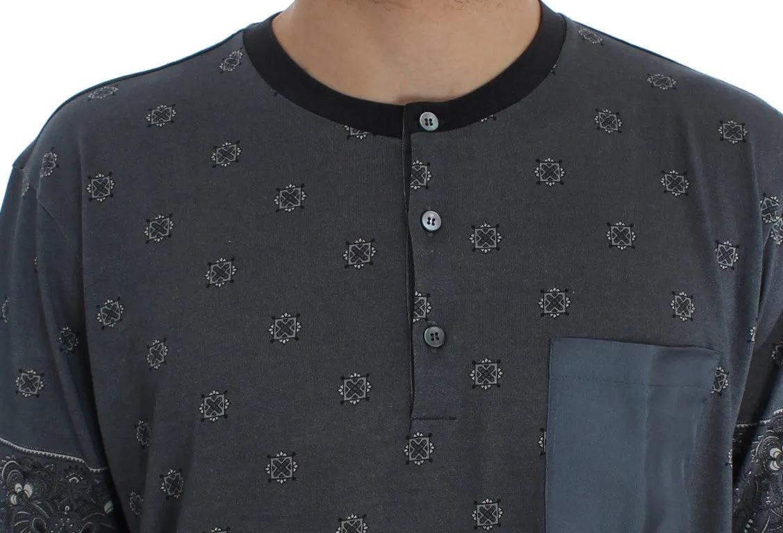 Blue Cotton Silk Baroque Henley T-shirt