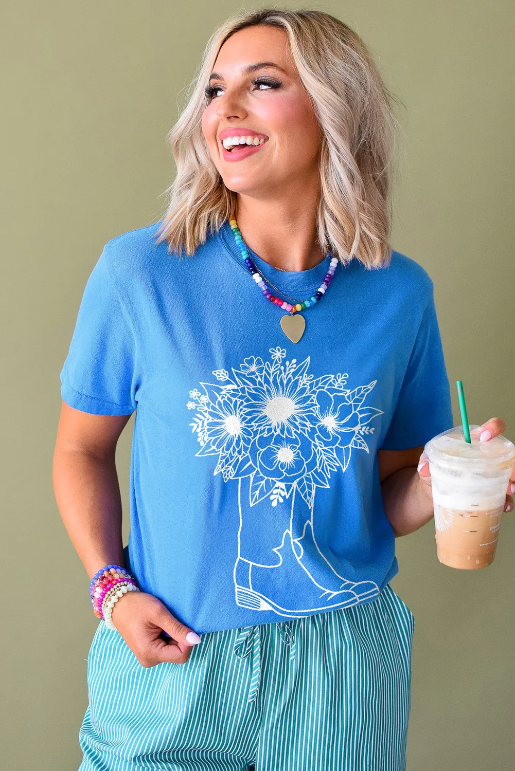 Blue Sunflower Boots Graphic Western Fashion T Shirt
