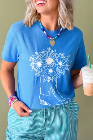 Blue Sunflower Boots Graphic Western Fashion T Shirt