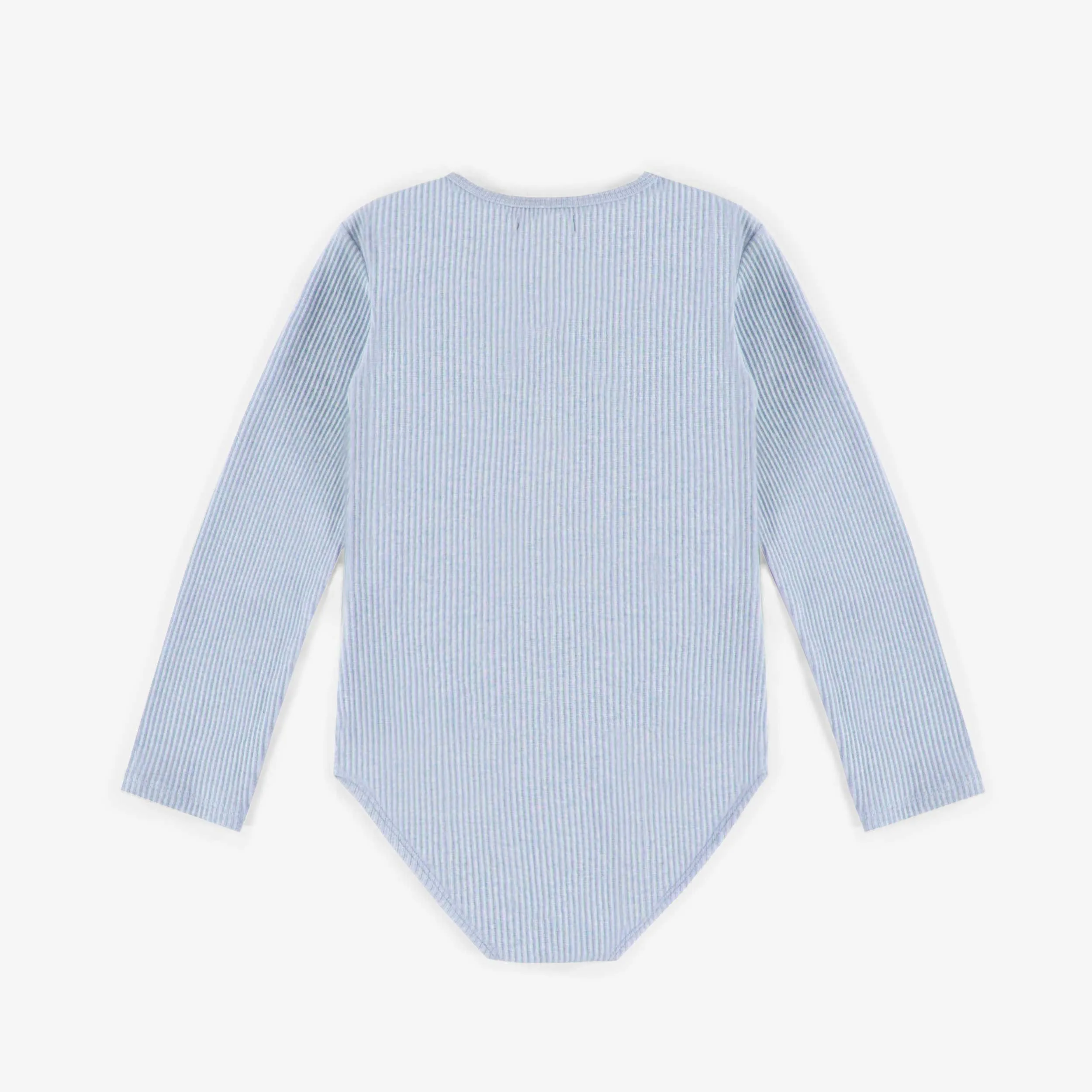 Body bleu à col henley en tricot côtelé irrégulier, enfant || Blue henley collar bodysuit in irregular ribbed knit, child