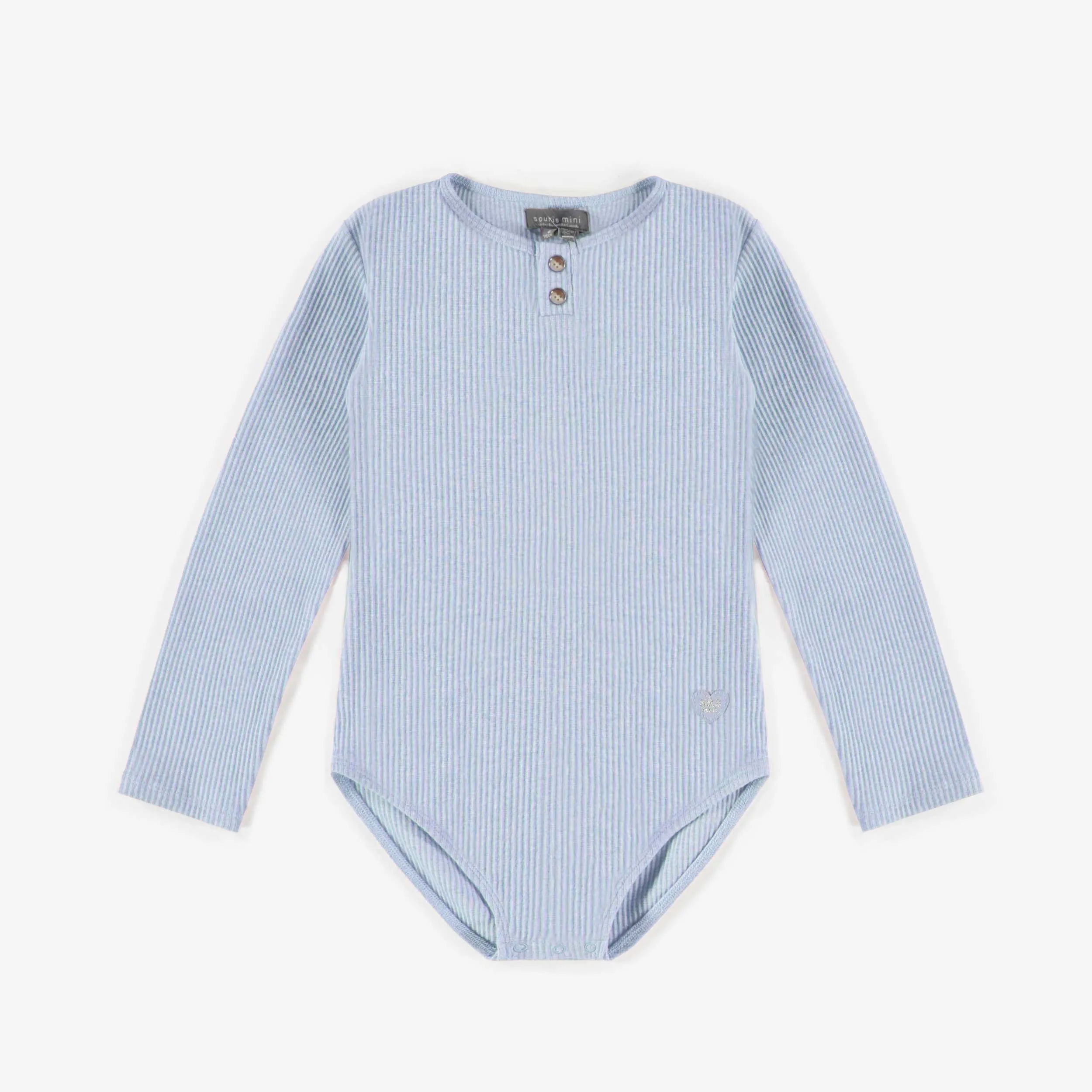 Body bleu à col henley en tricot côtelé irrégulier, enfant || Blue henley collar bodysuit in irregular ribbed knit, child