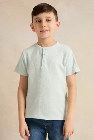 Boys Blue Solid Short Sleeve Henley T-Shirt