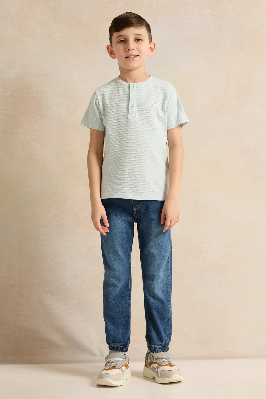 Boys Blue Solid Short Sleeve Henley T-Shirt