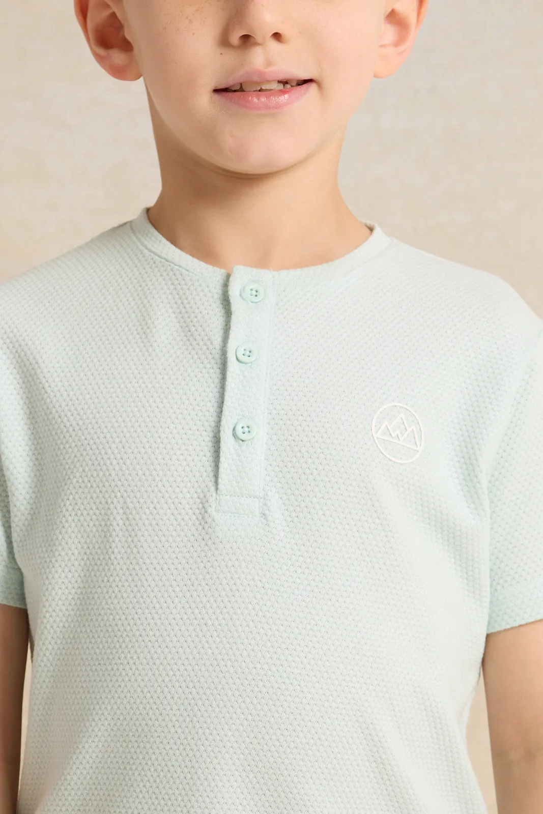 Boys Blue Solid Short Sleeve Henley T-Shirt