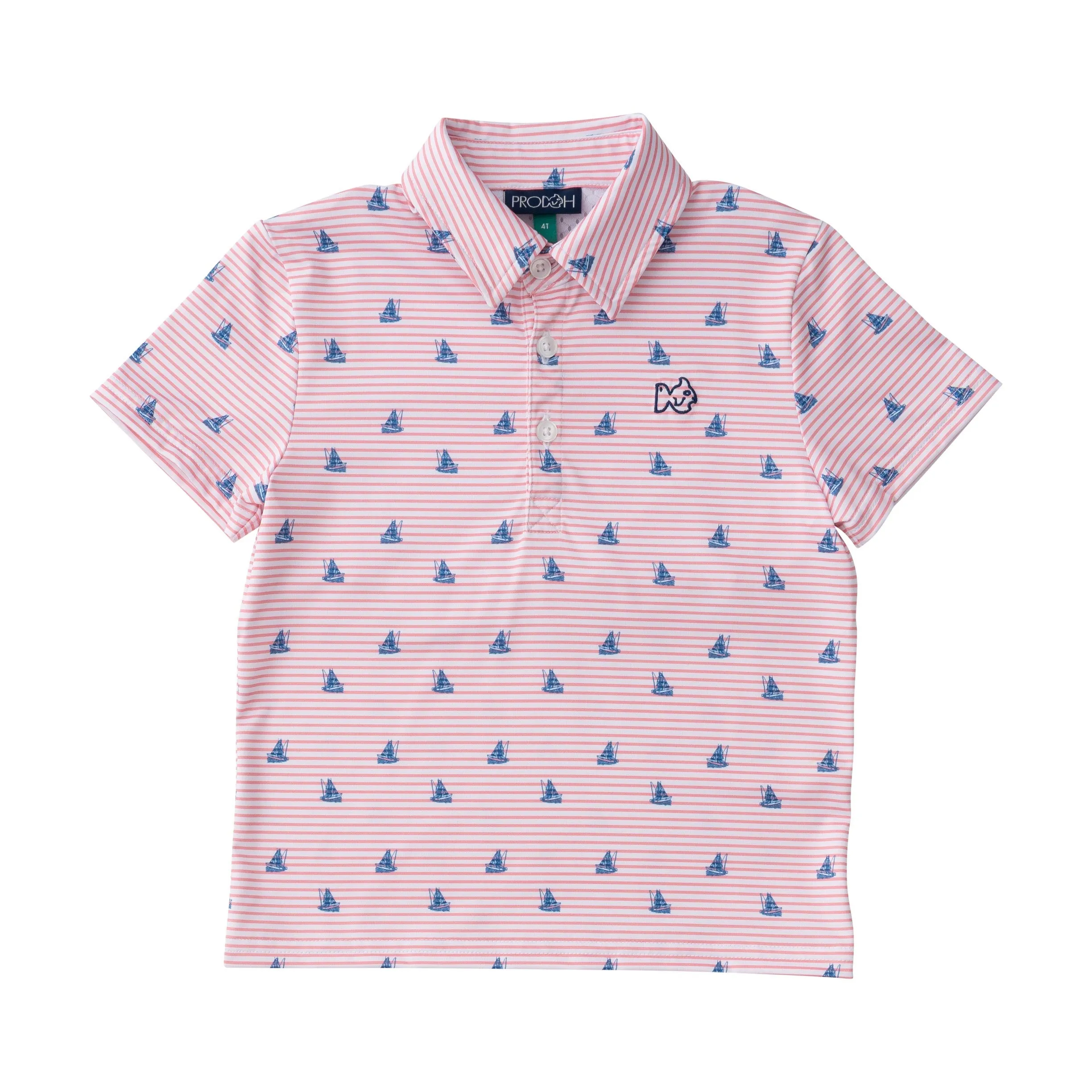 Boys Short Sleeve Pro Performance Polo in Fishing Boat Print on Spiced Coral Stripe