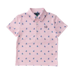 Boys Short Sleeve Pro Performance Polo in Fishing Boat Print on Spiced Coral Stripe