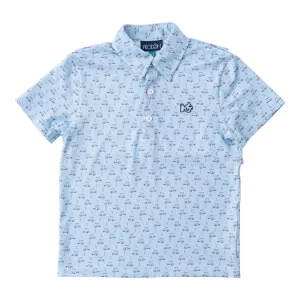Boys' Short Sleeve Pro Performance Polo in Powder Blue Golf Cart Print