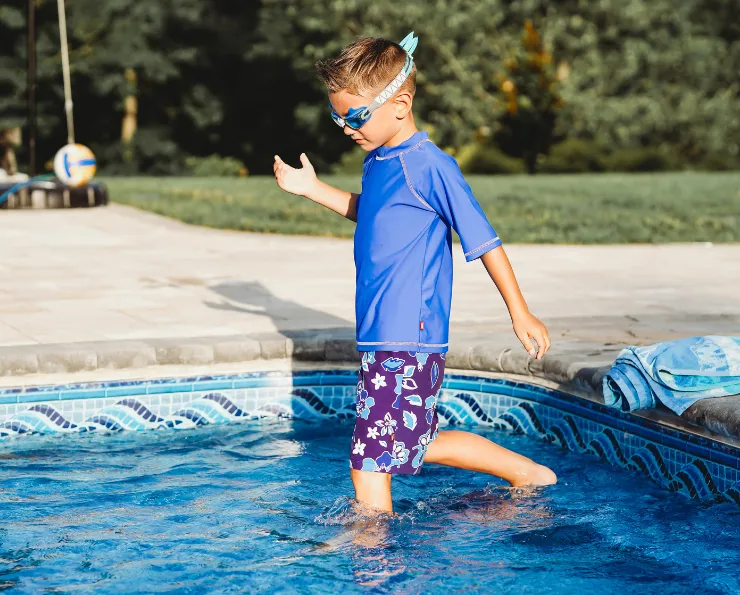 Boys UPF 50  Recycled Polyester Soft Stretch Below the Knee Printed Swim Board Shorts  | Tie Dye Blue White Flowers
