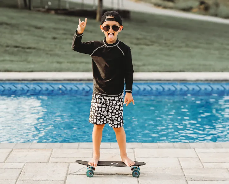Boys UPF 50  Recycled Polyester Soft Stretch Below the Knee Printed Swim Board Shorts  | Tie Dye Blue White Flowers