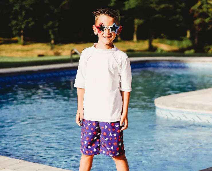 Boys UPF 50  Recycled Polyester Soft Stretch Below the Knee Printed Swim Board Shorts  | Tie Dye Blue White Flowers