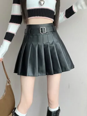 Brown Black Winter Mini Leather Skirt Women Fashion Streetwear High Waist Skater Pleated Skirts With Shorts A-line Jupe Plissée