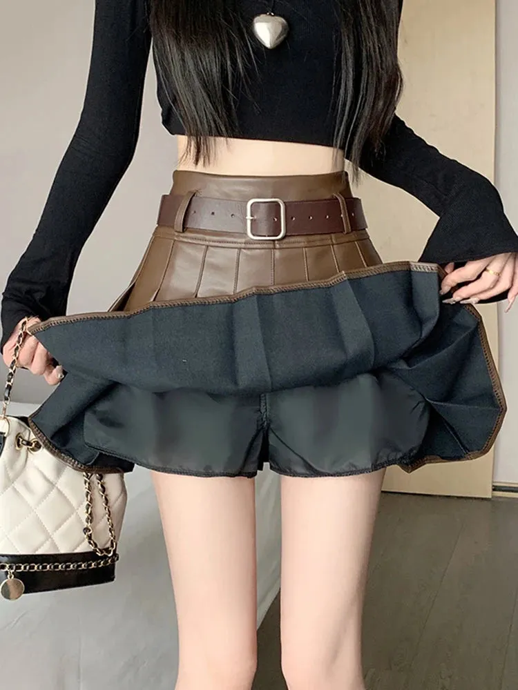 Brown Black Winter Mini Leather Skirt Women Fashion Streetwear High Waist Skater Pleated Skirts With Shorts A-line Jupe Plissée