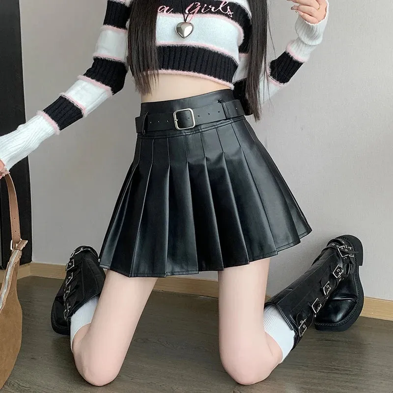 Brown Black Winter Mini Leather Skirt Women Fashion Streetwear High Waist Skater Pleated Skirts With Shorts A-line Jupe Plissée