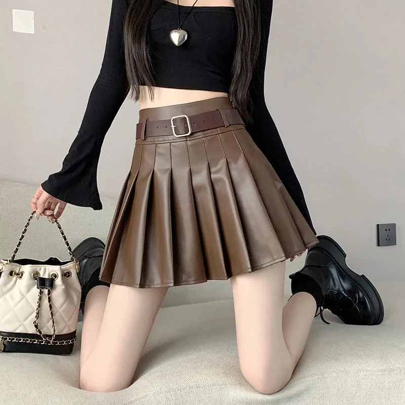 Brown Black Winter Mini Leather Skirt Women Fashion Streetwear High Waist Skater Pleated Skirts With Shorts A-line Jupe Plissée