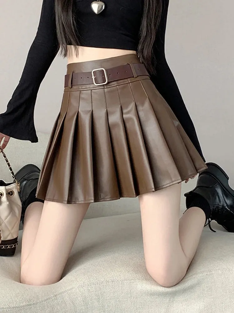 Brown Black Winter Mini Leather Skirt Women Fashion Streetwear High Waist Skater Pleated Skirts With Shorts A-line Jupe Plissée
