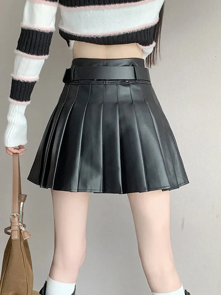 Brown Black Winter Mini Leather Skirt Women Fashion Streetwear High Waist Skater Pleated Skirts With Shorts A-line Jupe Plissée