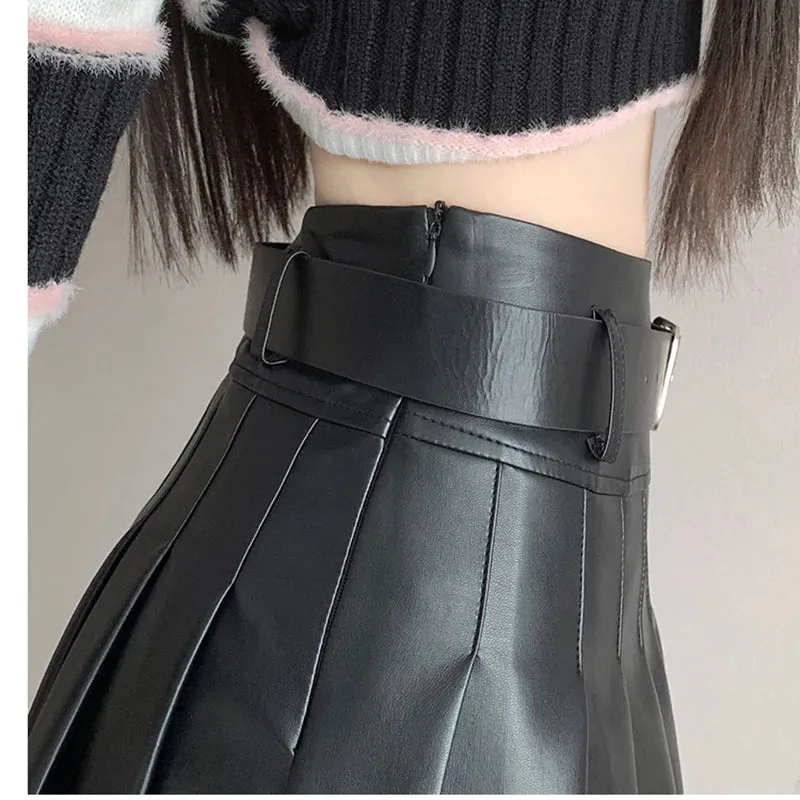 Brown Black Winter Mini Leather Skirt Women Fashion Streetwear High Waist Skater Pleated Skirts With Shorts A-line Jupe Plissée