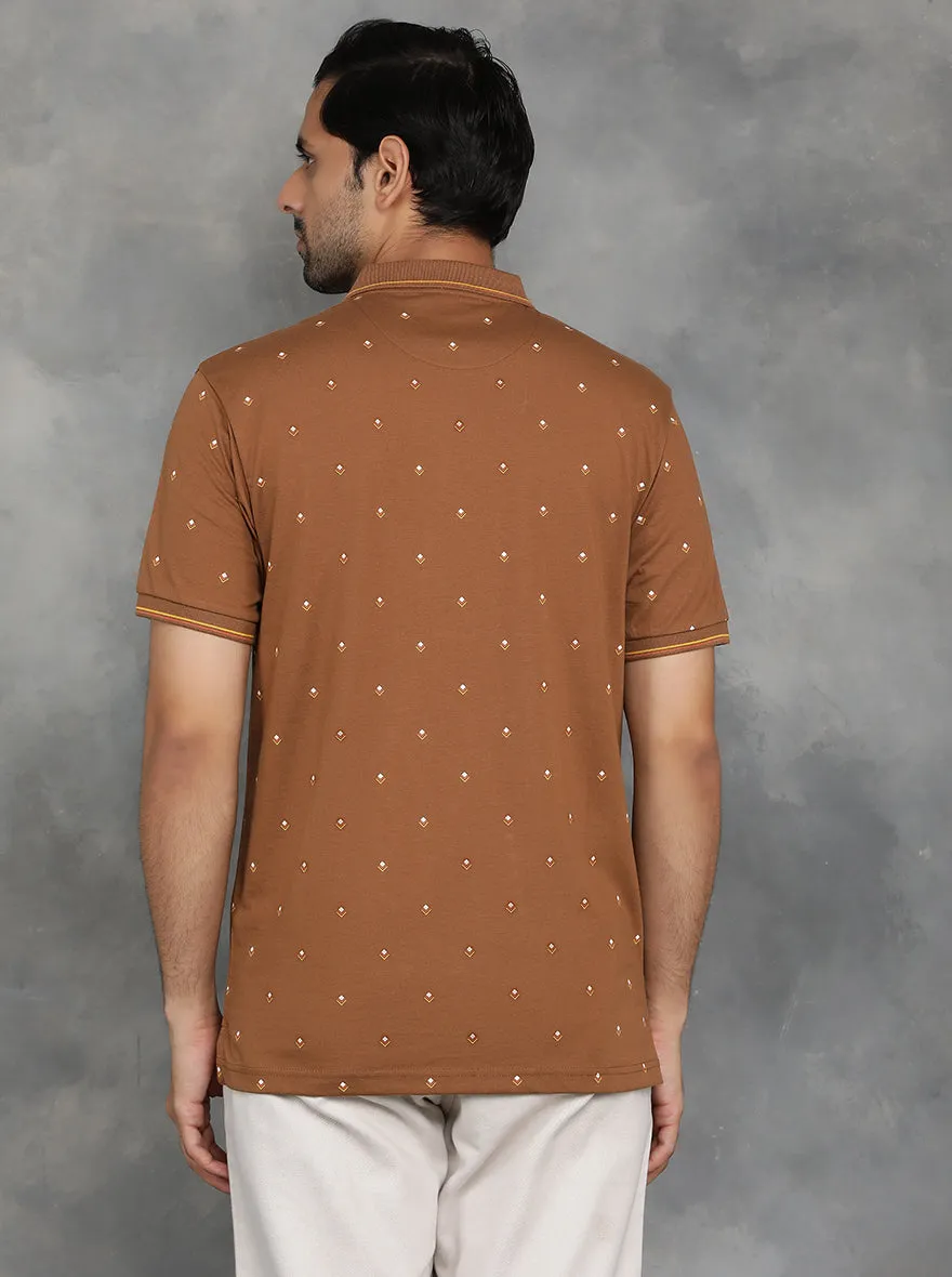 Brown Printed Slim Fit Polo T-Shirt | GreenFibre