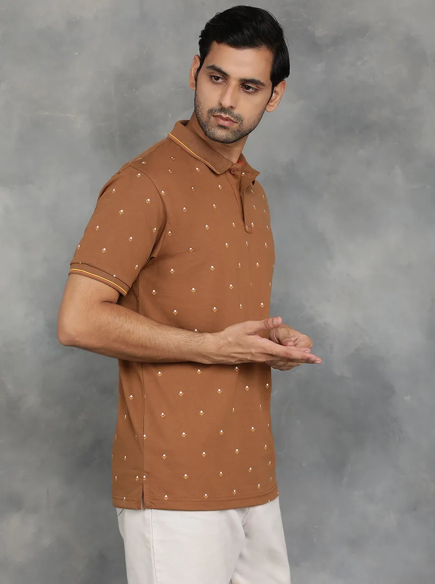 Brown Printed Slim Fit Polo T-Shirt | GreenFibre