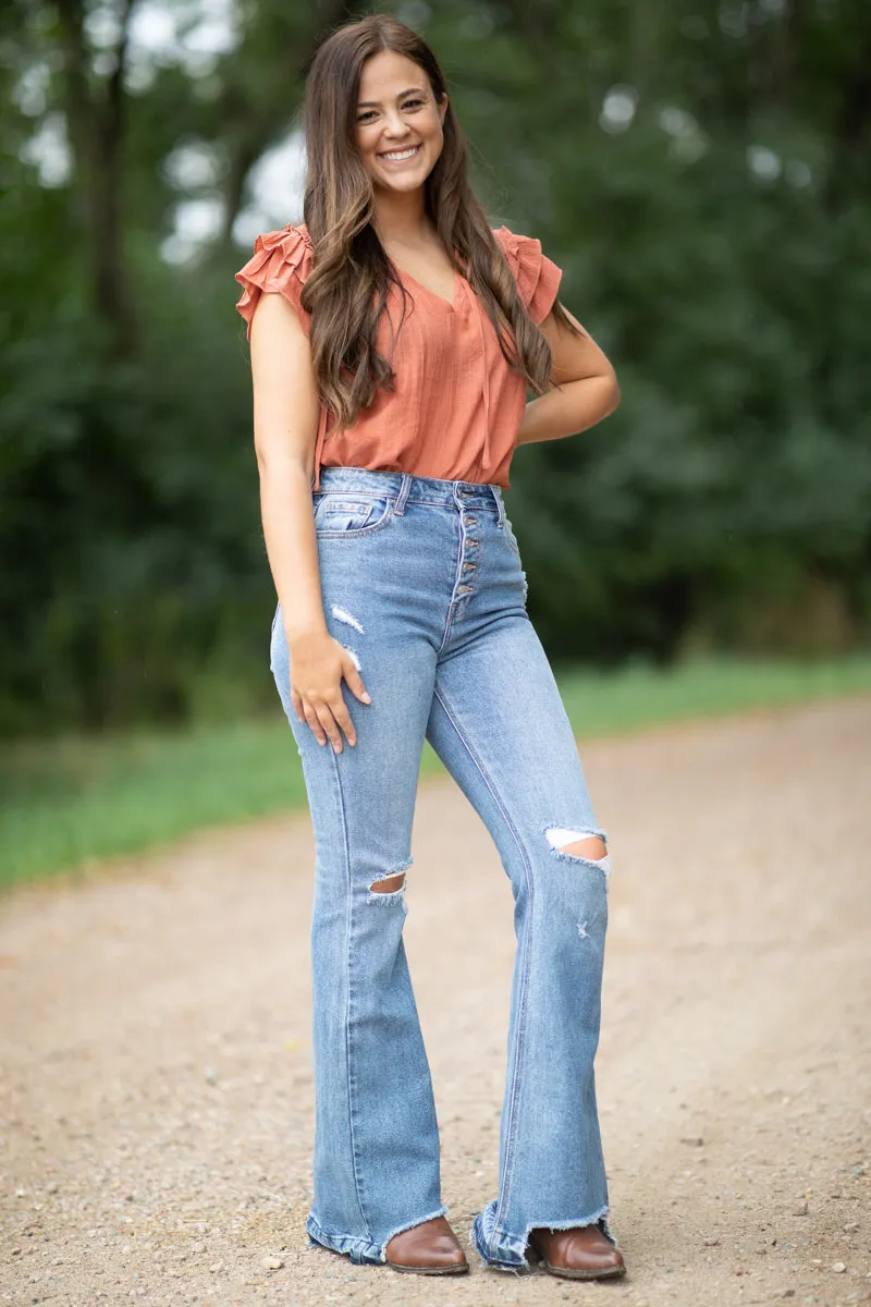 Cello Medium Wash Uneven Hem Flare Jeans
