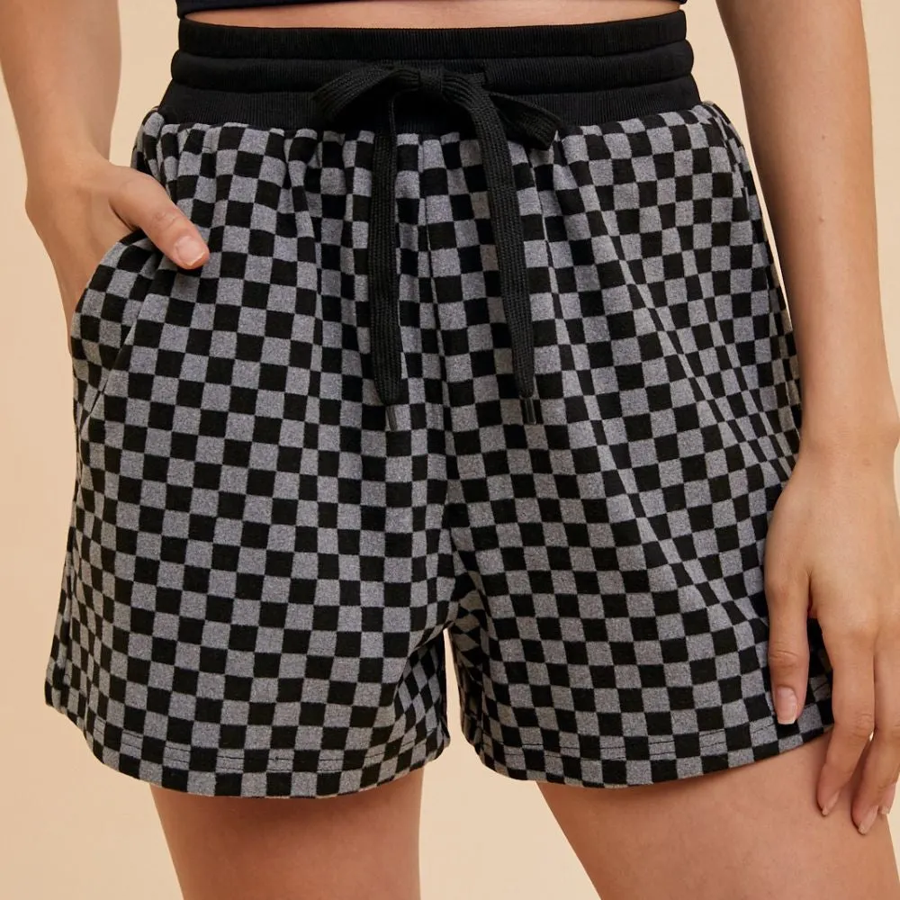 Checkered Round Neck Top and Drawstring Shorts Set