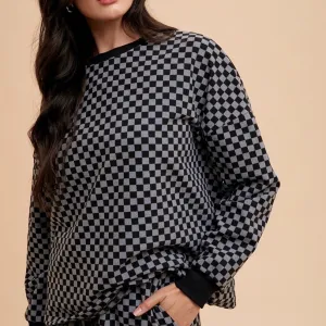 Checkered Round Neck Top and Drawstring Shorts Set