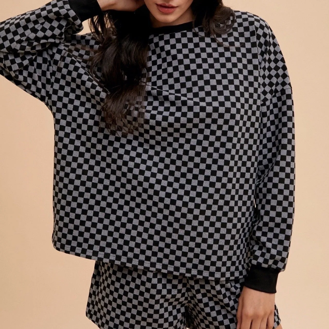 Checkered Round Neck Top and Drawstring Shorts Set