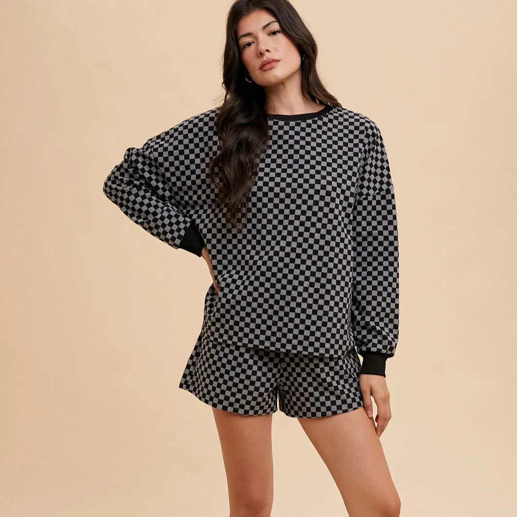 Checkered Round Neck Top and Drawstring Shorts Set