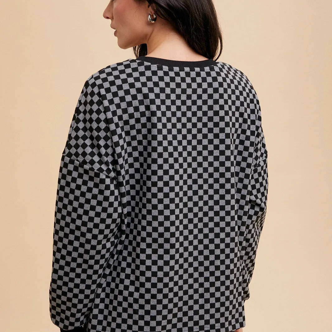 Checkered Round Neck Top and Drawstring Shorts Set